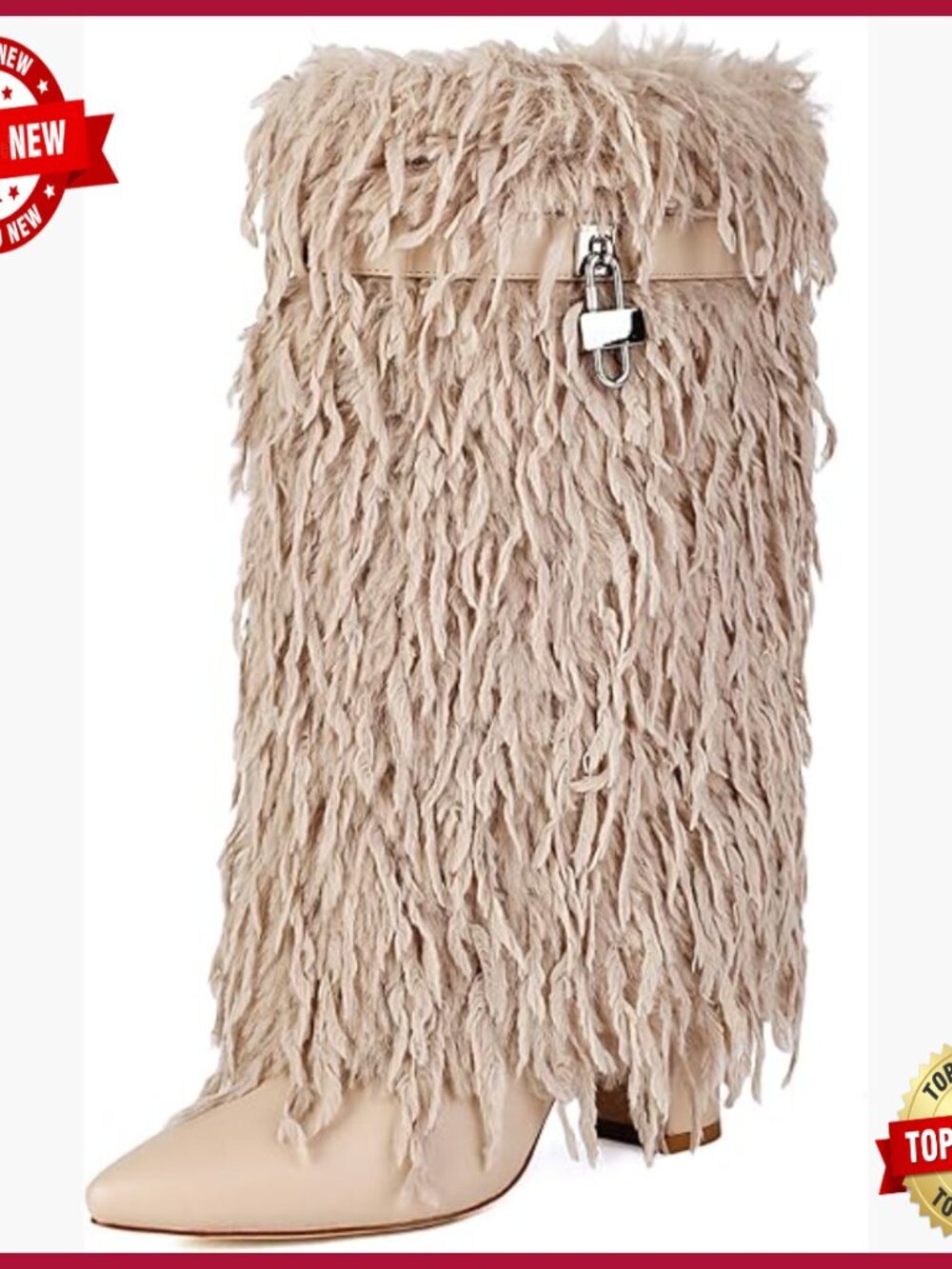 Faux Fur Fold Over Mid Calf Boots Chunky Heel Pointed Toe Pull On Booties